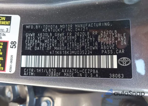 2021 Toyota Camry Xse Awd из США, поврежденный, VIN 4T1K61BK3MU035234